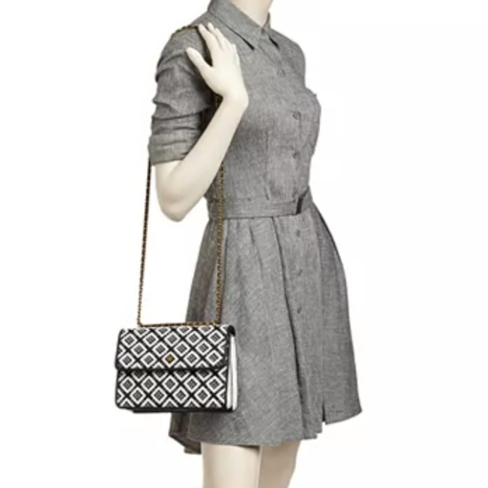 Tory Burch Woven Black and White Covertible Crossbody Shoulder Bag